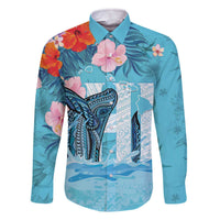 Personalised Hawaii Family Matching Off Shoulder Short Dress and Hawaiian Shirt Humpback Whale Tattoo With Tropical Flowers LT14 Dad's Shirt - Long Sleeve Blue - Polynesian Pride