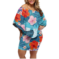 Personalised Hawaii Family Matching Off Shoulder Short Dress and Hawaiian Shirt Humpback Whale Tattoo With Tropical Flowers LT14 Mom's Dress Blue - Polynesian Pride