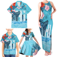 Personalised Hawaii Family Matching Tank Maxi Dress and Hawaiian Shirt Humpback Whale Tattoo With Tropical Flowers LT14 - Polynesian Pride