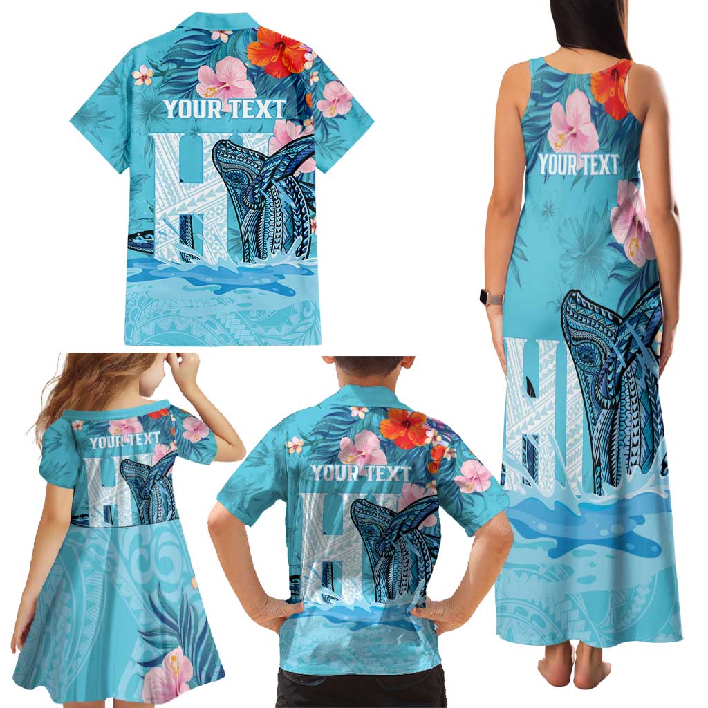 Personalised Hawaii Family Matching Tank Maxi Dress and Hawaiian Shirt Humpback Whale Tattoo With Tropical Flowers LT14 - Polynesian Pride