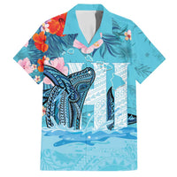 Personalised Hawaii Family Matching Tank Maxi Dress and Hawaiian Shirt Humpback Whale Tattoo With Tropical Flowers LT14 Dad's Shirt - Short Sleeve Blue - Polynesian Pride