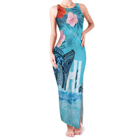 Personalised Hawaii Family Matching Tank Maxi Dress and Hawaiian Shirt Humpback Whale Tattoo With Tropical Flowers LT14 Mom's Dress Blue - Polynesian Pride