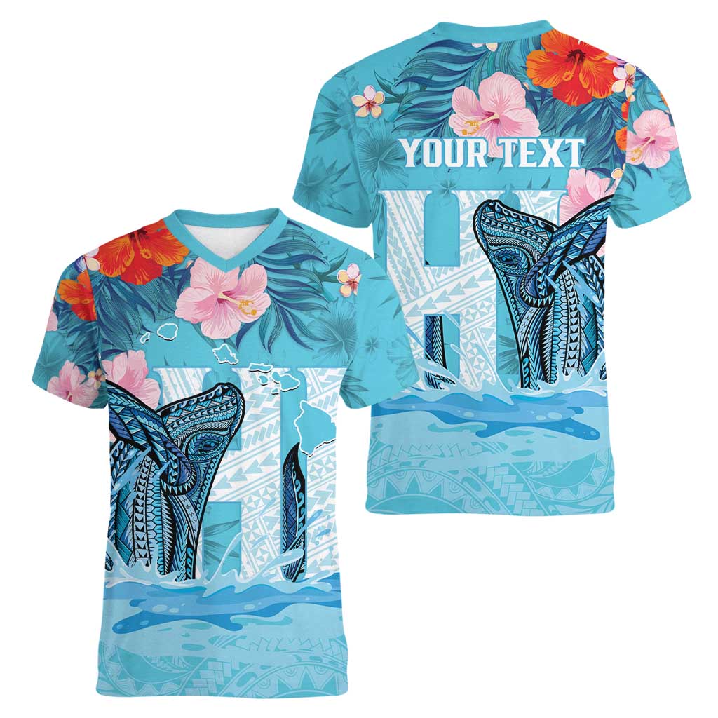Personalised Hawaii Women V-Neck T-Shirt Humpback Whale Tattoo With Tropical Flowers