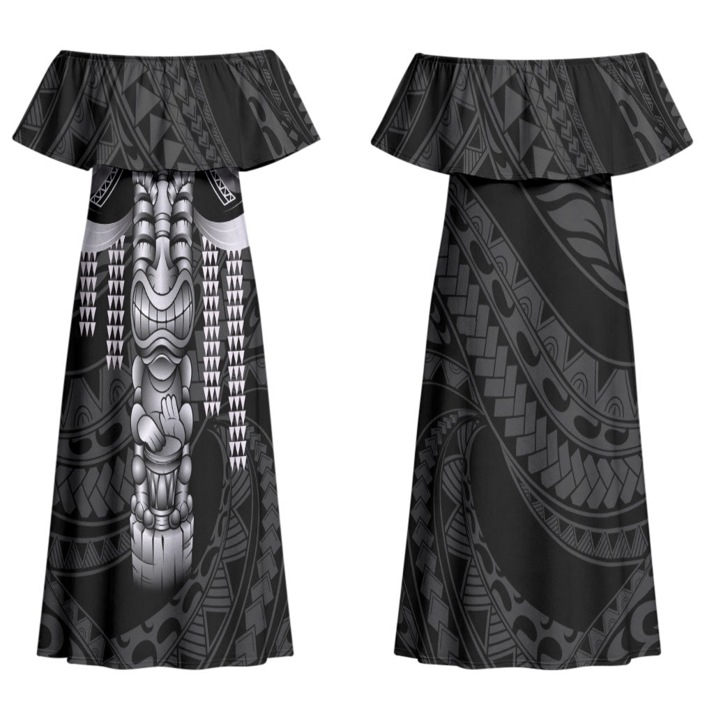 Tiki Drum Hawaii Couples Matching Off Shoulder Maxi Dress and Long Sleeve Button Shirt Hawaiian Kakau Tattoo Style