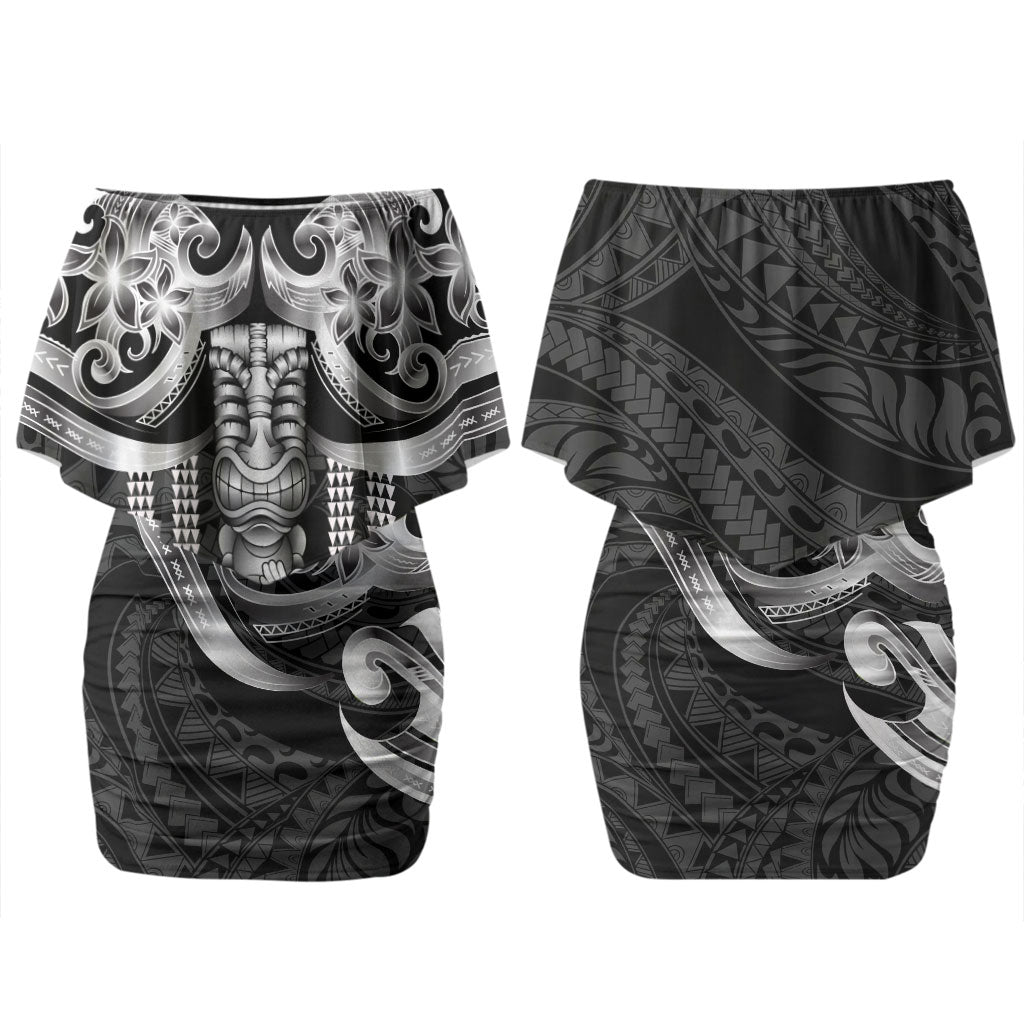 Tiki Drum Hawaii Couples Matching Off Shoulder Short Dress and Long Sleeve Button Shirt Hawaiian Kakau Tattoo Style