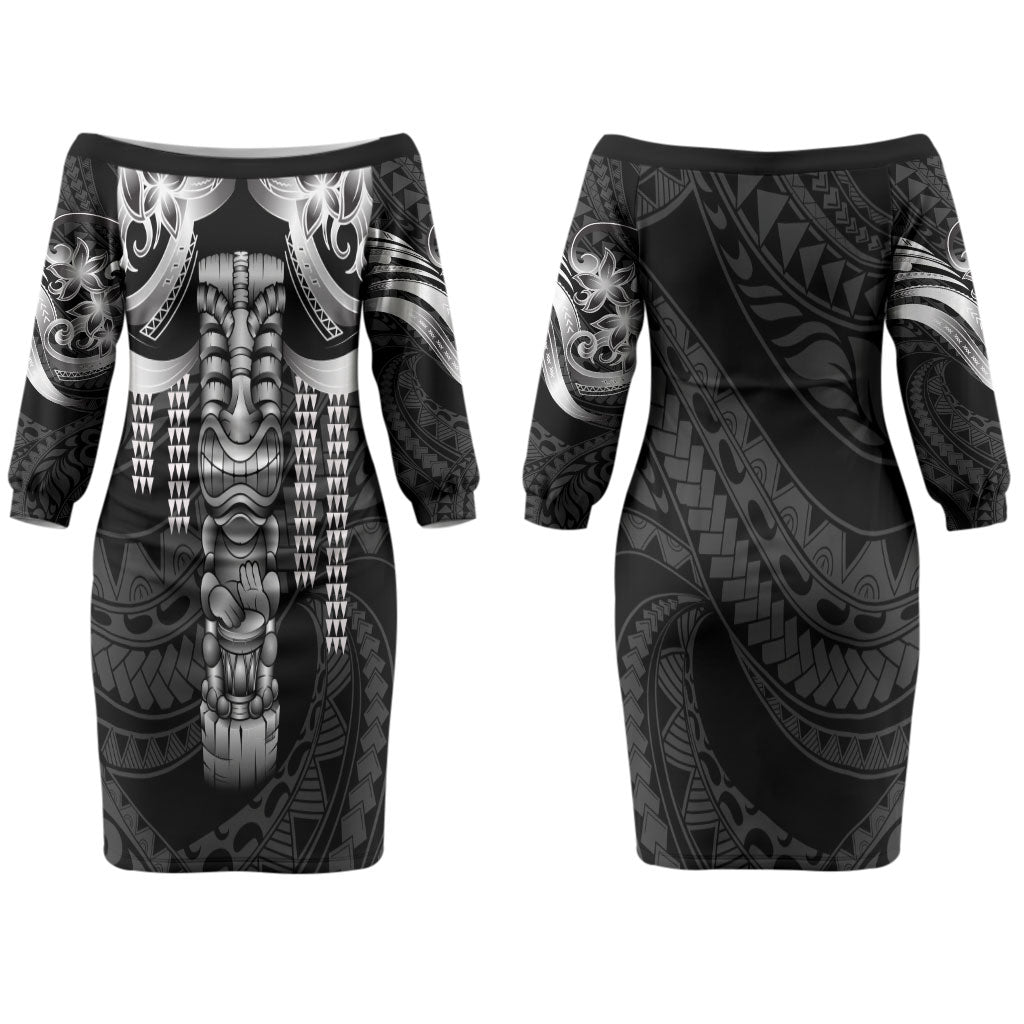 Tiki Drum Hawaii Couples Matching Off The Shoulder Long Sleeve Dress and Long Sleeve Button Shirt Hawaiian Kakau Tattoo Style