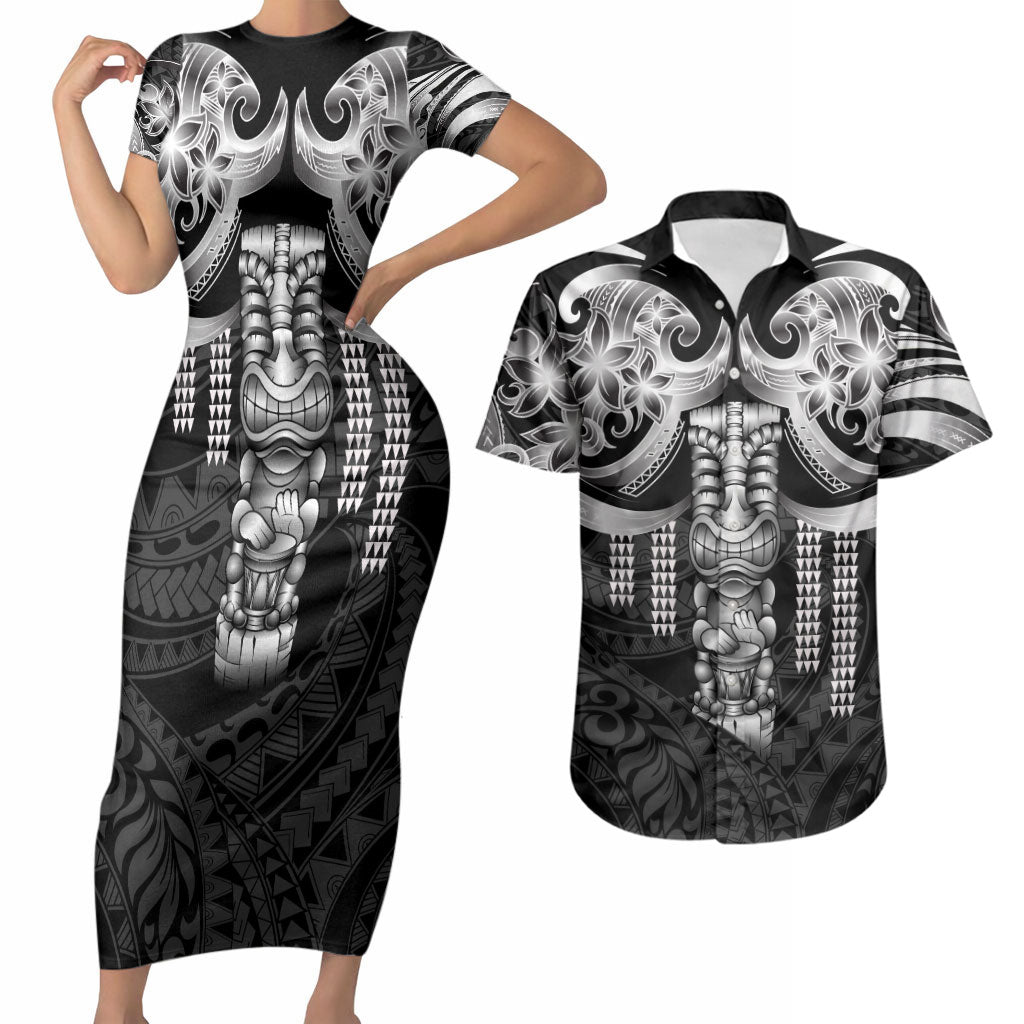 Tiki Drum Hawaii Couples Matching Short Sleeve Bodycon Dress and Hawaiian Shirt Hawaiian Kakau Tattoo Style