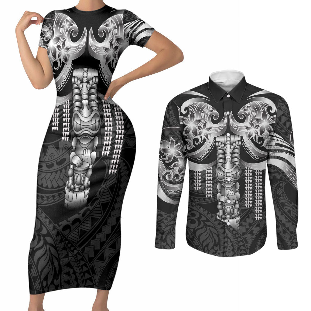 Tiki Drum Hawaii Couples Matching Short Sleeve Bodycon Dress and Long Sleeve Button Shirt Hawaiian Kakau Tattoo Style