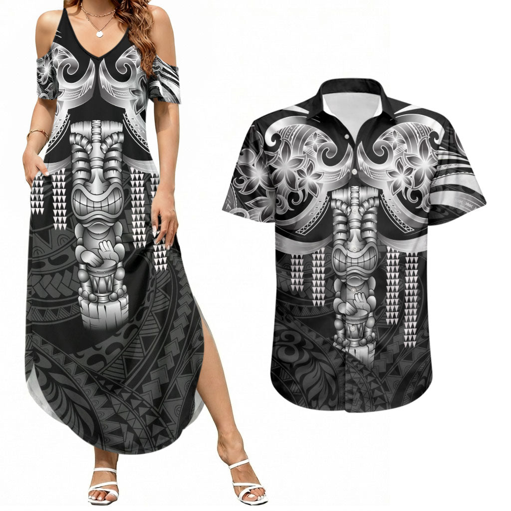 Tiki Drum Hawaii Couples Matching Summer Maxi Dress and Hawaiian Shirt Hawaiian Kakau Tattoo Style