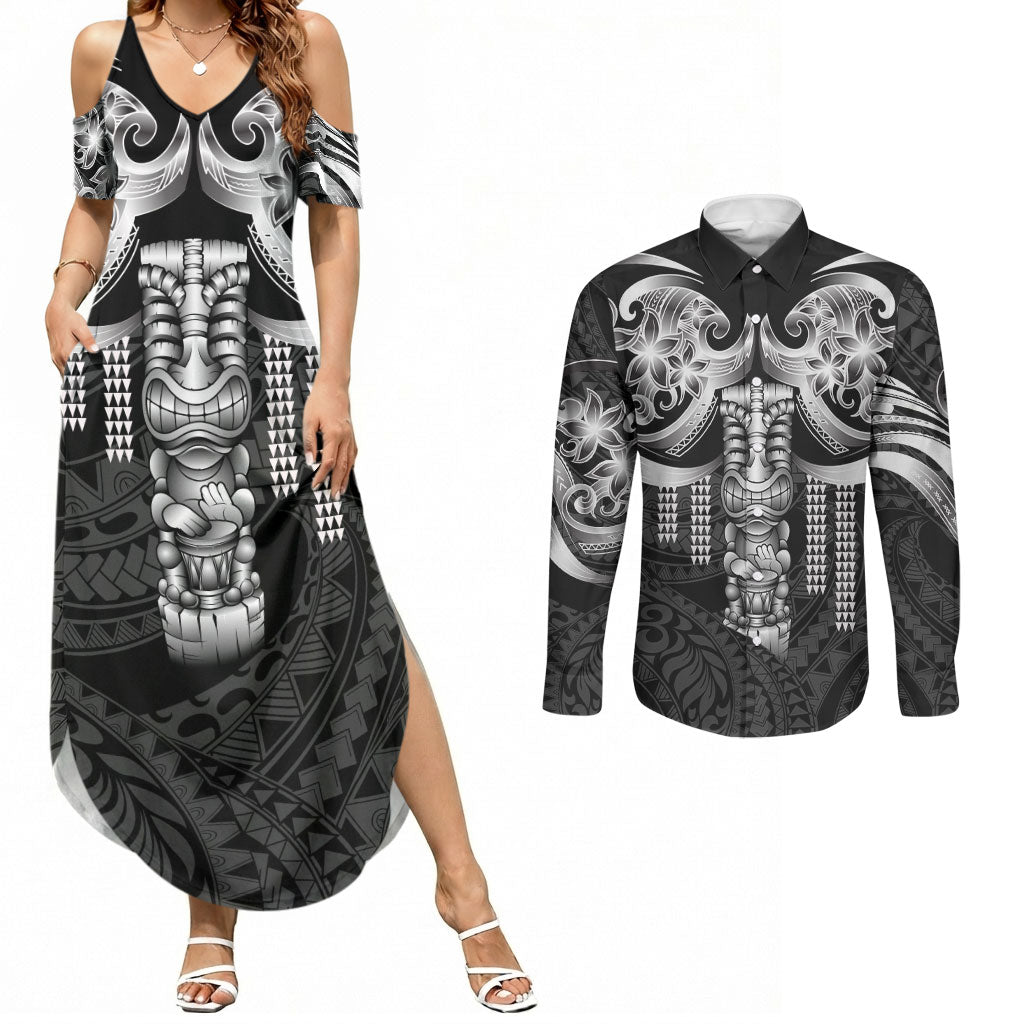 Tiki Drum Hawaii Couples Matching Summer Maxi Dress and Long Sleeve Button Shirt Hawaiian Kakau Tattoo Style
