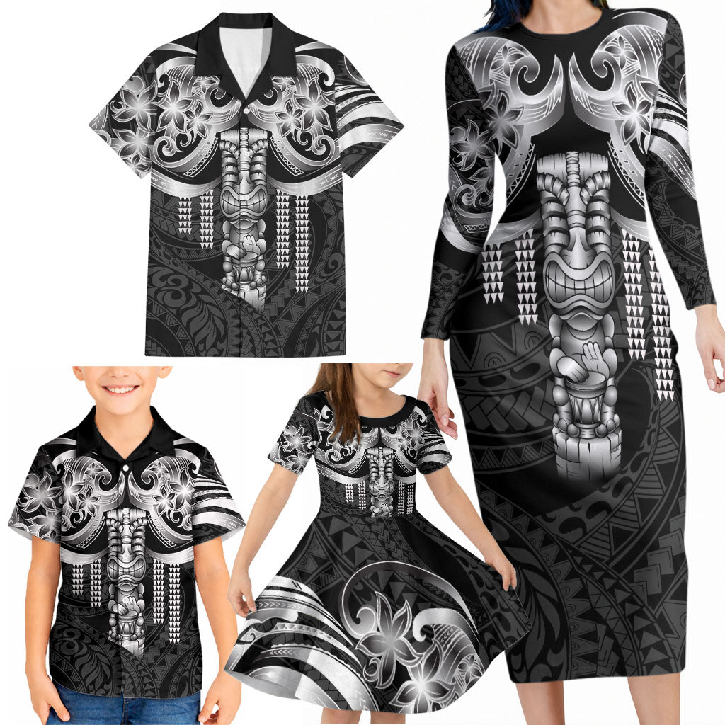 Tiki Drum Hawaii Family Matching Long Sleeve Bodycon Dress and Hawaiian Shirt Hawaiian Kakau Tattoo Style