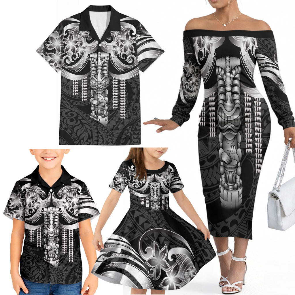 Tiki Drum Hawaii Family Matching Off The Shoulder Long Sleeve Dress and Hawaiian Shirt Hawaiian Kakau Tattoo Style LT14 - Polynesian Pride