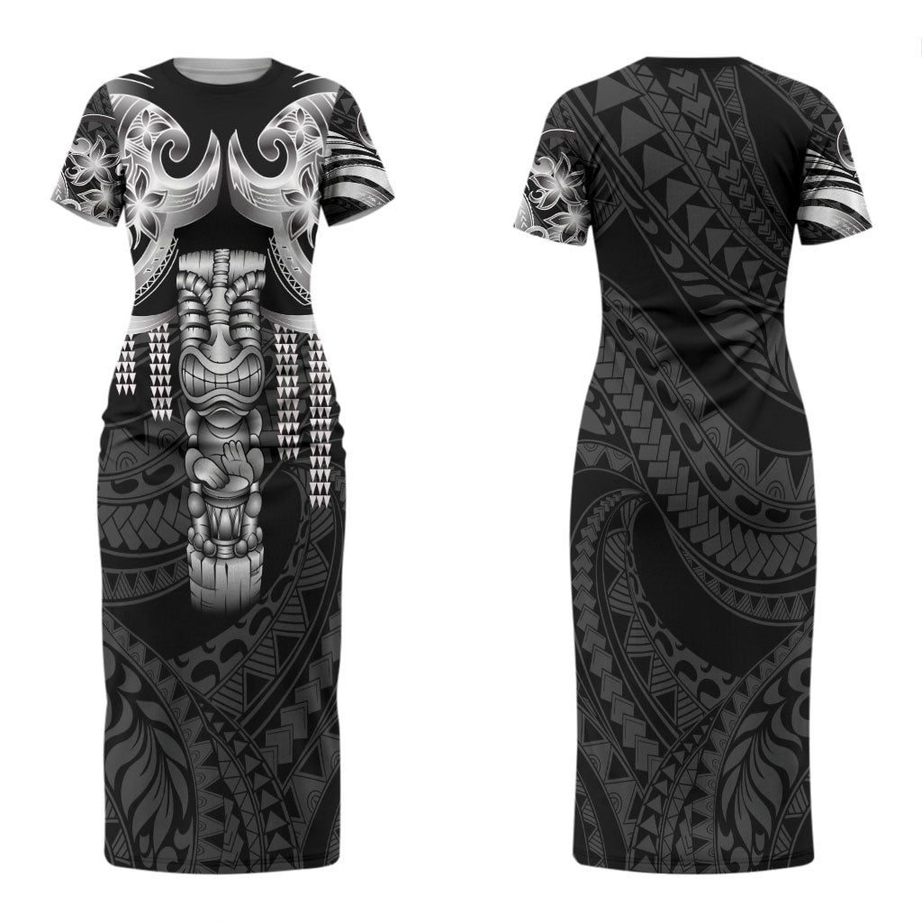 Tiki Drum Hawaii Family Matching Short Sleeve Bodycon Dress and Hawaiian Shirt Hawaiian Kakau Tattoo Style
