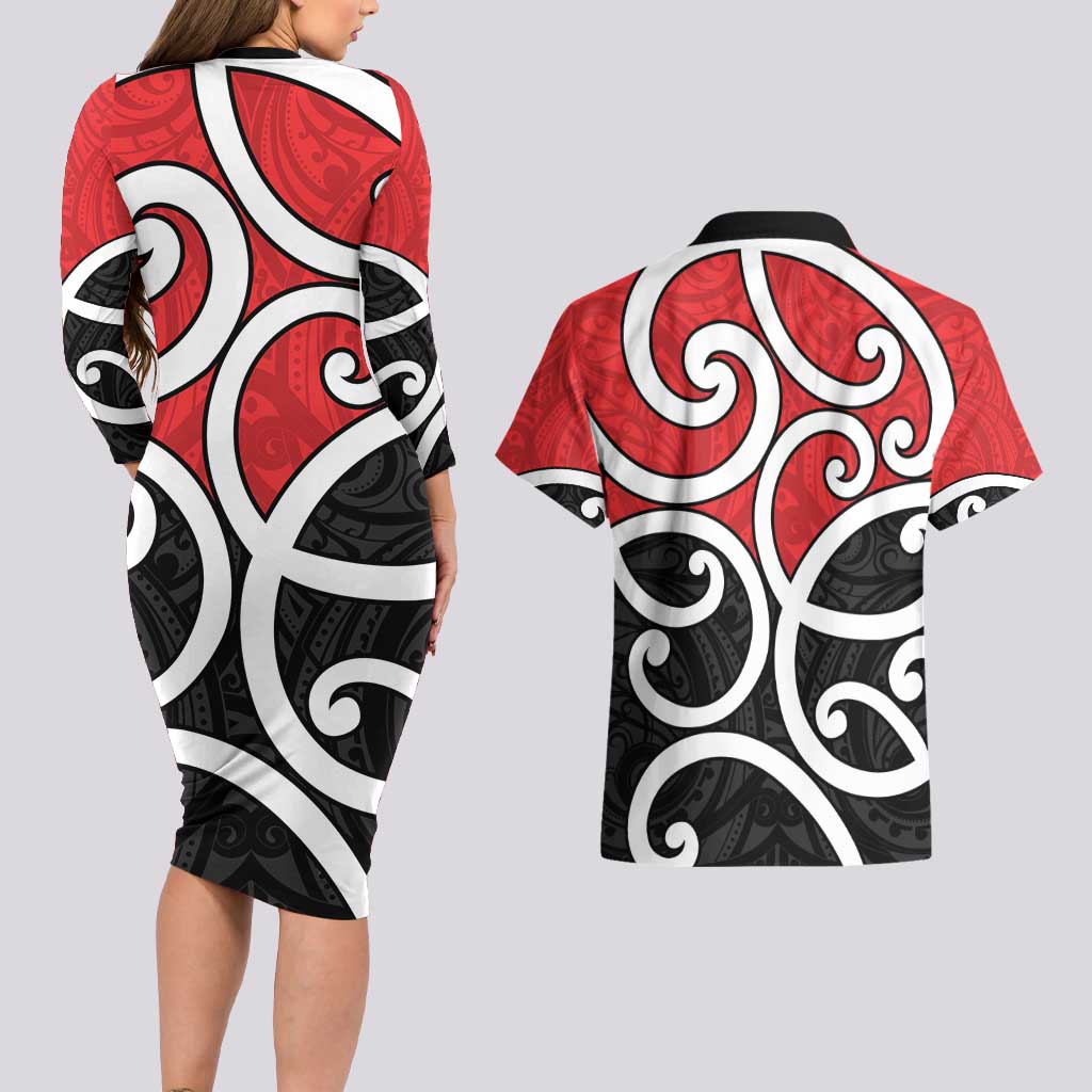 New Zealand Couples Matching Long Sleeve Bodycon Dress and Hawaiian Shirt Maori Koru Tino Rangatiratanga Color LT14 - Polynesian Pride