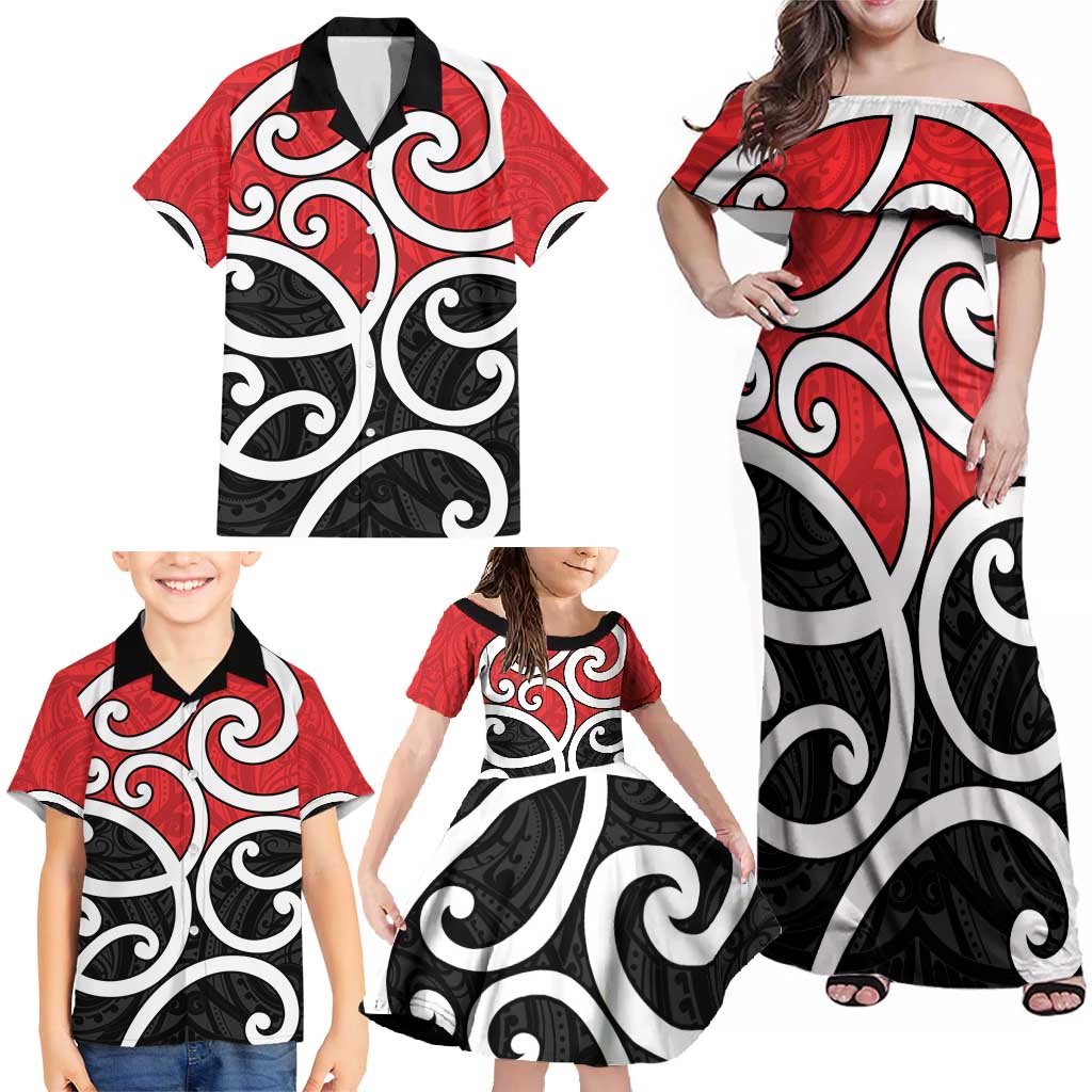 New Zealand Family Matching Off Shoulder Maxi Dress and Hawaiian Shirt Maori Koru Tino Rangatiratanga Color LT14 - Polynesian Pride