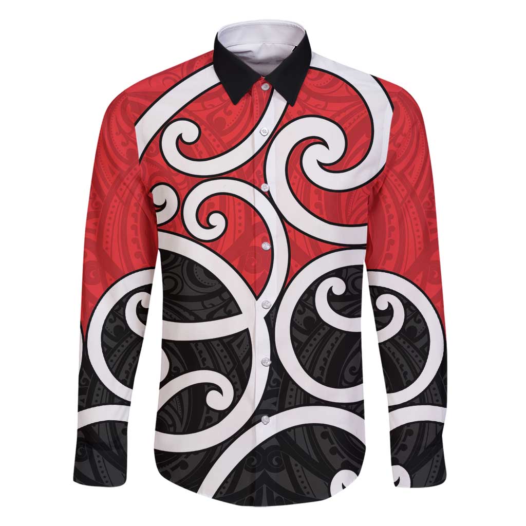 New Zealand Family Matching Off Shoulder Maxi Dress and Hawaiian Shirt Maori Koru Tino Rangatiratanga Color LT14 Dad's Shirt - Long Sleeve Red - Polynesian Pride