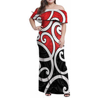 New Zealand Family Matching Off Shoulder Maxi Dress and Hawaiian Shirt Maori Koru Tino Rangatiratanga Color LT14 Mom's Dress Red - Polynesian Pride