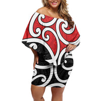 New Zealand Family Matching Off Shoulder Short Dress and Hawaiian Shirt Maori Koru Tino Rangatiratanga Color LT14 Mom's Dress Red - Polynesian Pride
