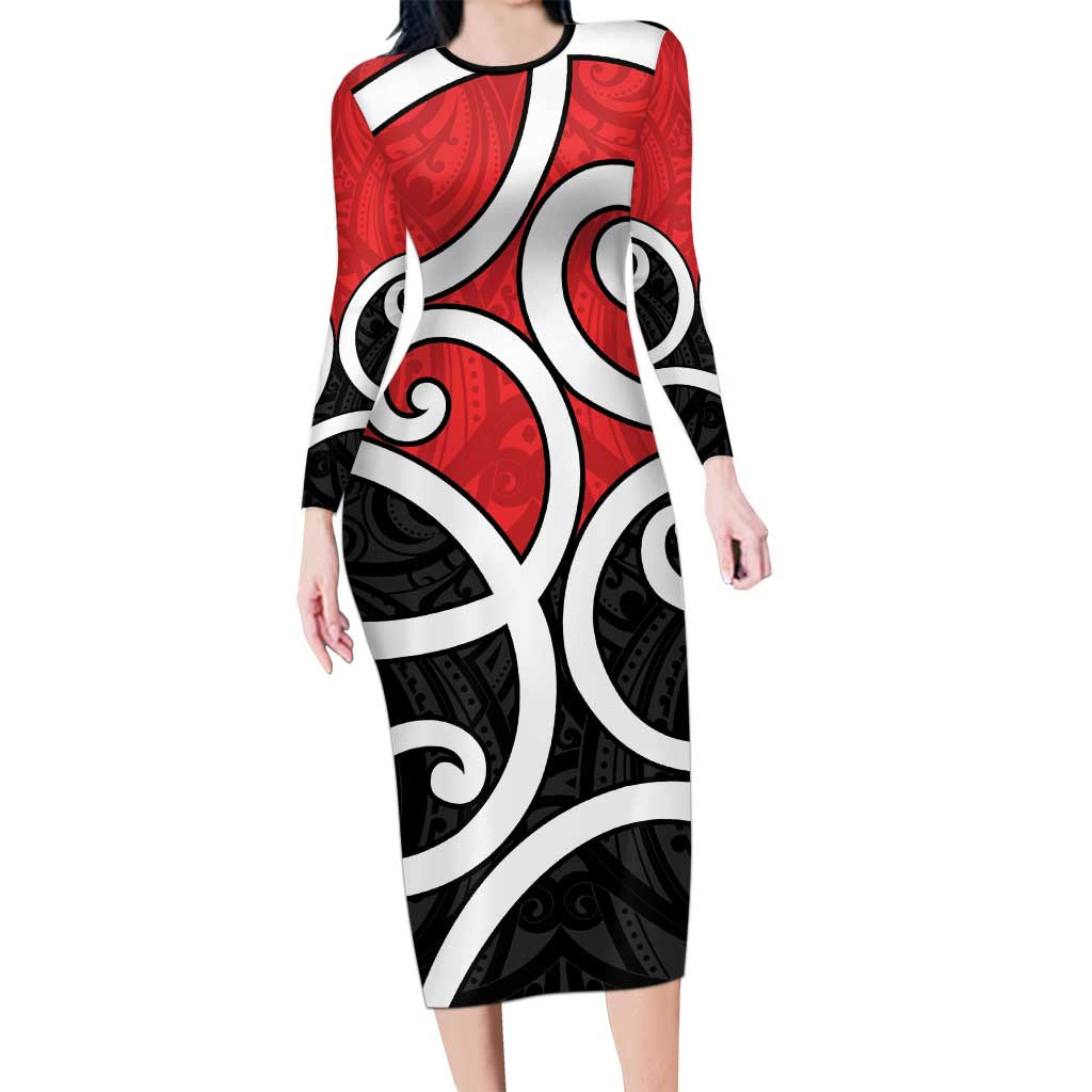 New Zealand Long Sleeve Bodycon Dress Maori Koru Tino Rangatiratanga Color LT14 Long Dress Red - Polynesian Pride