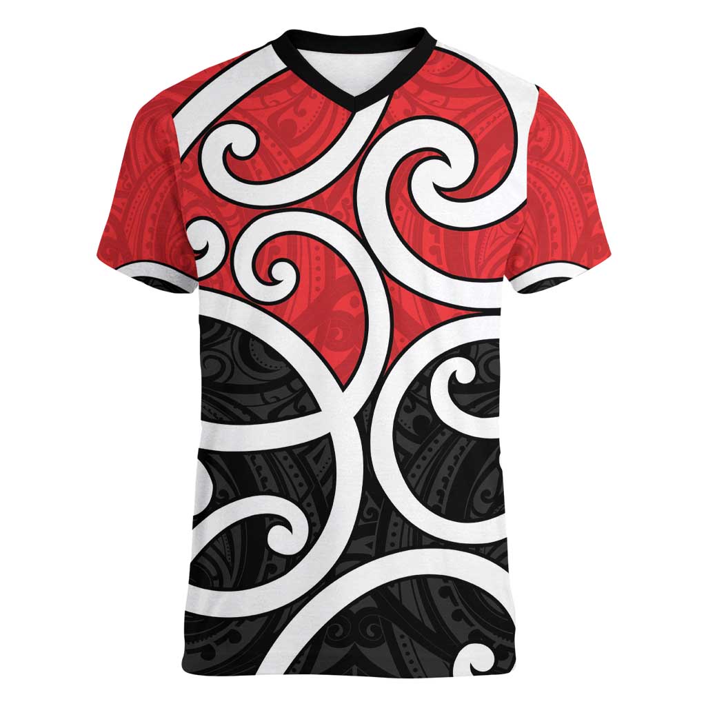 New Zealand Women V-Neck T-Shirt Maori Koru Tino Rangatiratanga Color LT14 Female Red - Polynesian Pride