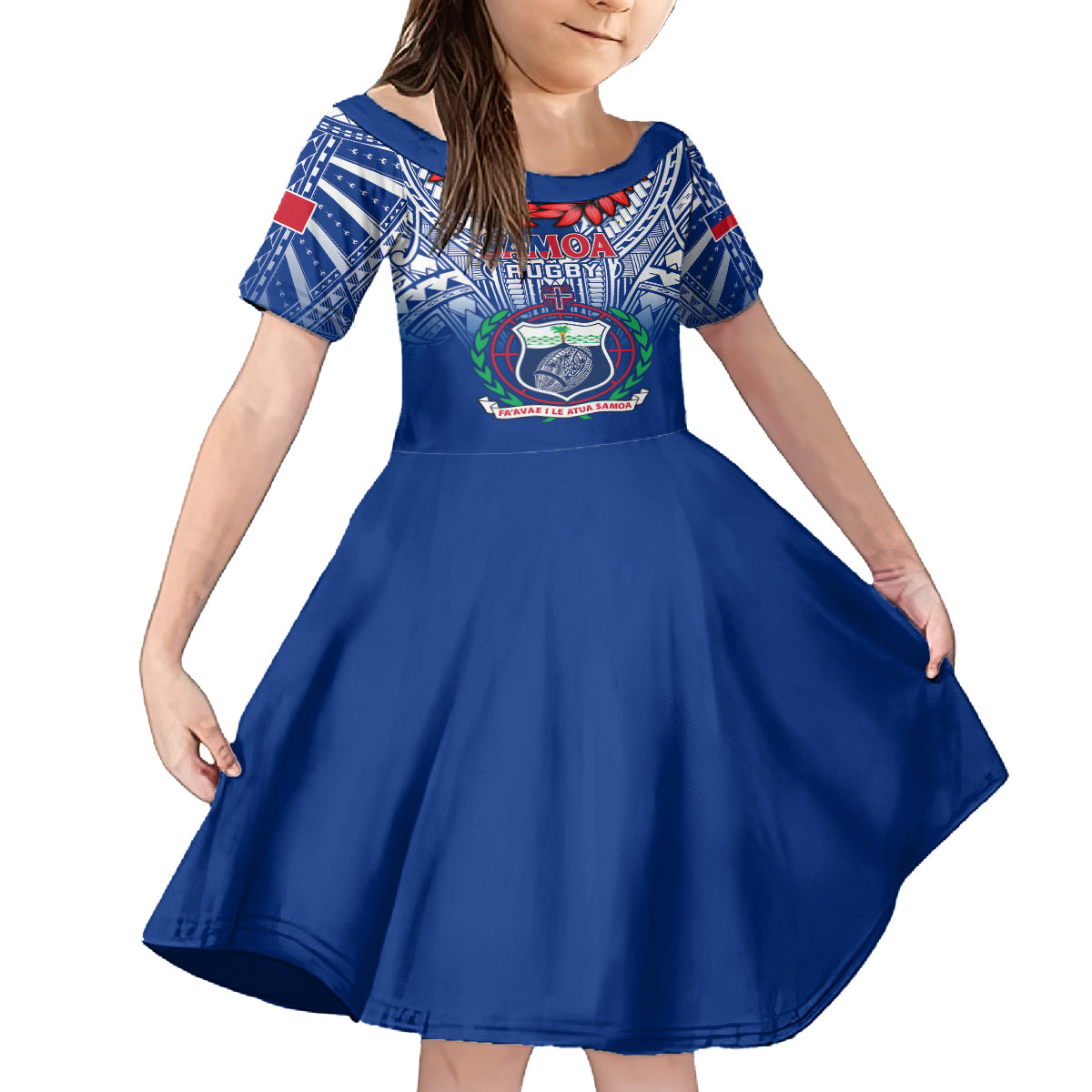 Samoa Rugby Family Matching Long Sleeve Bodycon Dress and Hawaiian Shirt 2023 Go Manu Samoa With Ula Fala Style LT14 Daughter's Dress Blue - Polynesian Pride