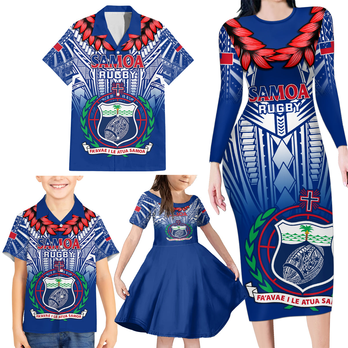 Samoa Rugby Family Matching Long Sleeve Bodycon Dress and Hawaiian Shirt 2023 Go Manu Samoa With Ula Fala Style LT14 - Polynesian Pride