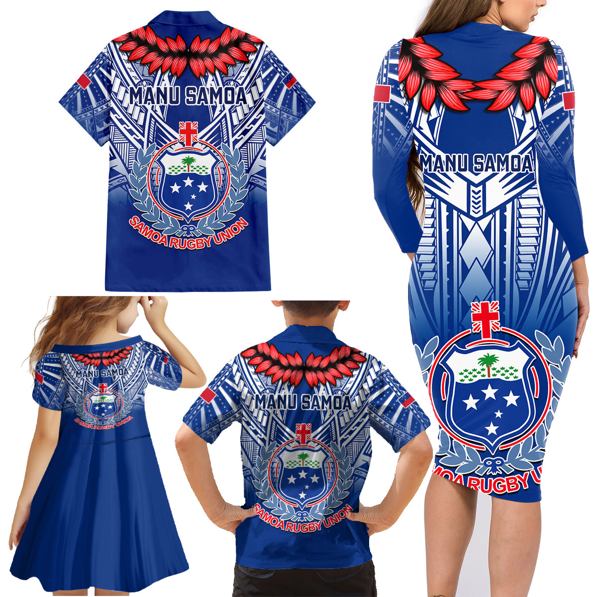Samoa Rugby Family Matching Long Sleeve Bodycon Dress and Hawaiian Shirt 2023 Go Manu Samoa With Ula Fala Style LT14 - Polynesian Pride