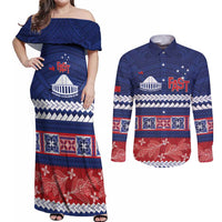 Personalised FAST Samoa Siapo Couples Matching Off Shoulder Maxi Dress and Long Sleeve Button Shirt Teuila Flowers Samoan Pattern - Polynesian Pride
