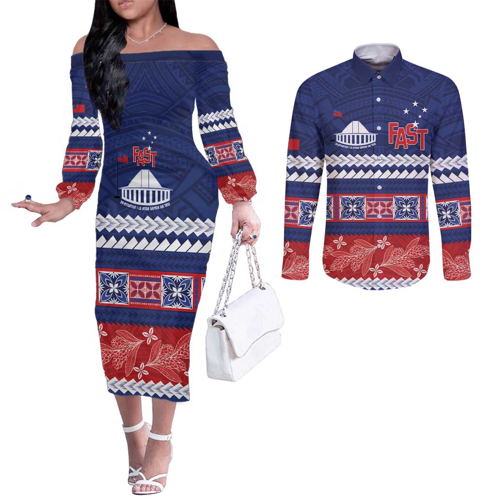 Personalised FAST Samoa Siapo Couples Matching Off The Shoulder Long Sleeve Dress and Long Sleeve Button Shirt Teuila Flowers Samoan Pattern - Polynesian Pride