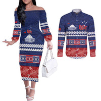 Personalised FAST Samoa Siapo Couples Matching Off The Shoulder Long Sleeve Dress and Long Sleeve Button Shirt Teuila Flowers Samoan Pattern - Polynesian Pride