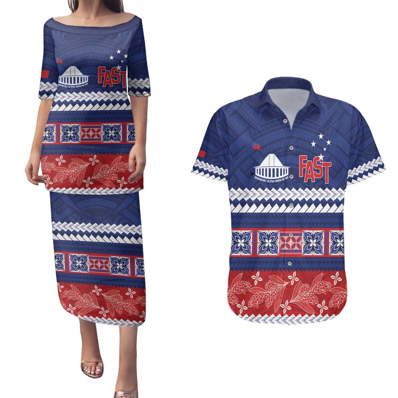 Personalised FAST Samoa Siapo Couples Matching Puletasi and Hawaiian Shirt Teuila Flowers Samoan Pattern - Polynesian Pride