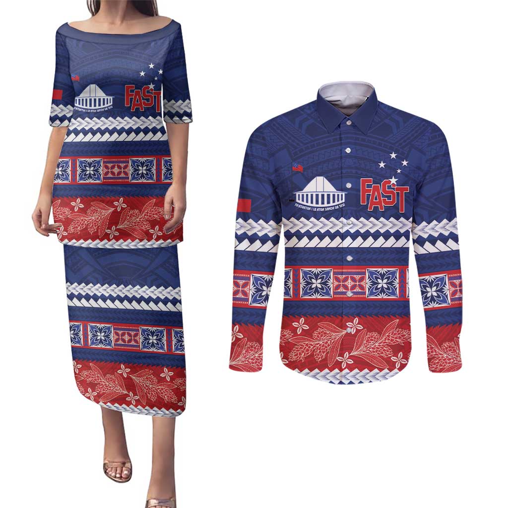 Personalised FAST Samoa Siapo Couples Matching Puletasi and Long Sleeve Button Shirt Teuila Flowers Samoan Pattern - Polynesian Pride