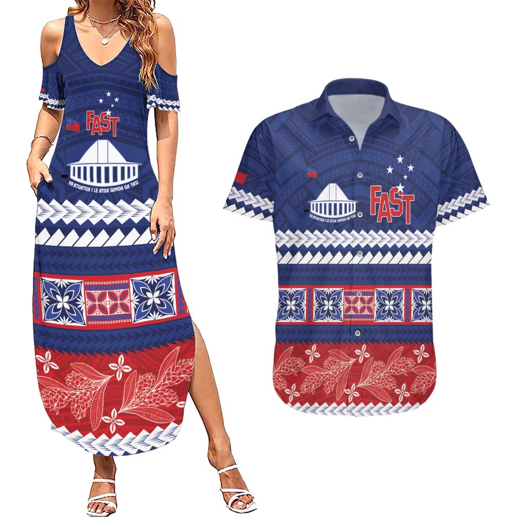 Personalised FAST Samoa Siapo Couples Matching Summer Maxi Dress and Hawaiian Shirt Teuila Flowers Samoan Pattern - Polynesian Pride