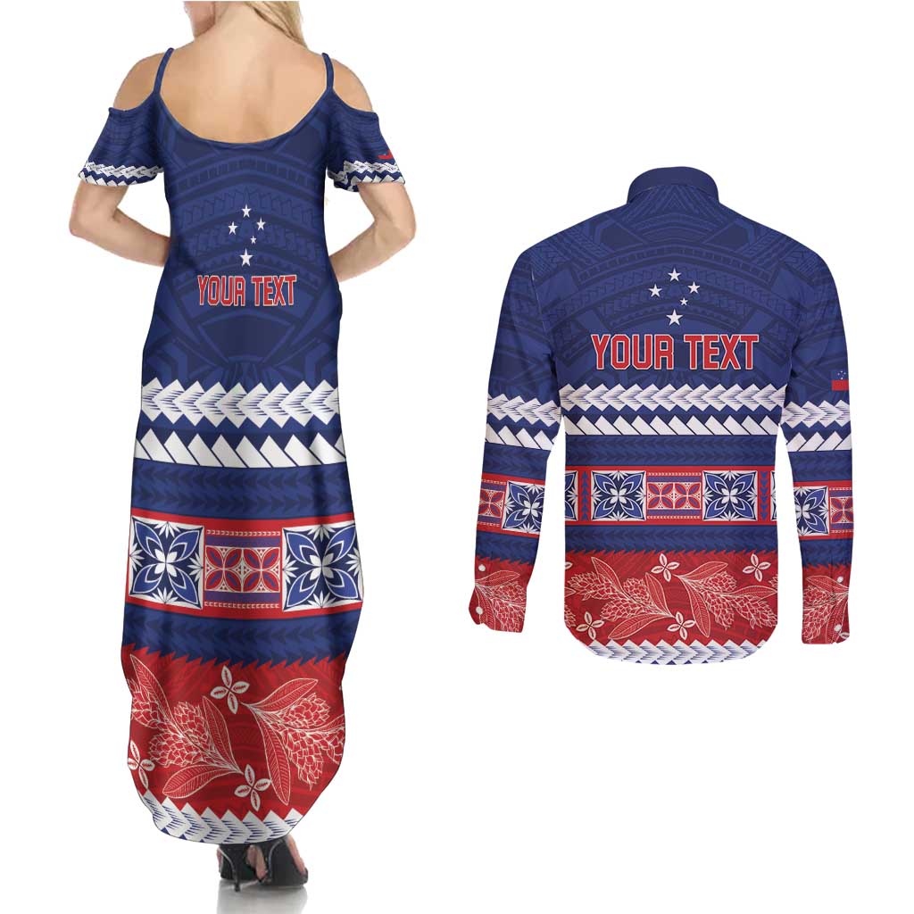Personalised FAST Samoa Siapo Couples Matching Summer Maxi Dress and Long Sleeve Button Shirt Teuila Flowers Samoan Pattern - Polynesian Pride
