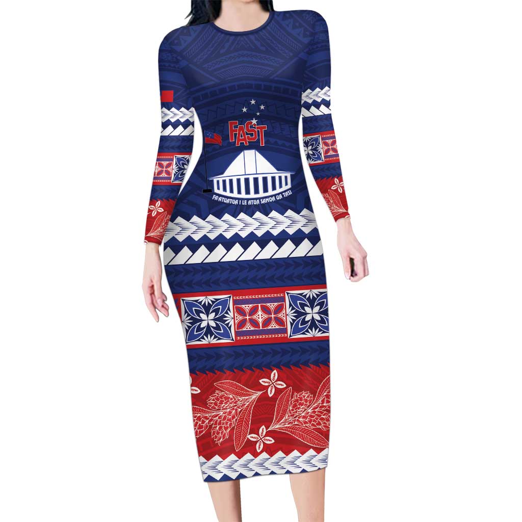 Personalised FAST Samoa Siapo Family Matching Long Sleeve Bodycon Dress and Hawaiian Shirt Teuila Flowers Samoan Pattern - Polynesian Pride