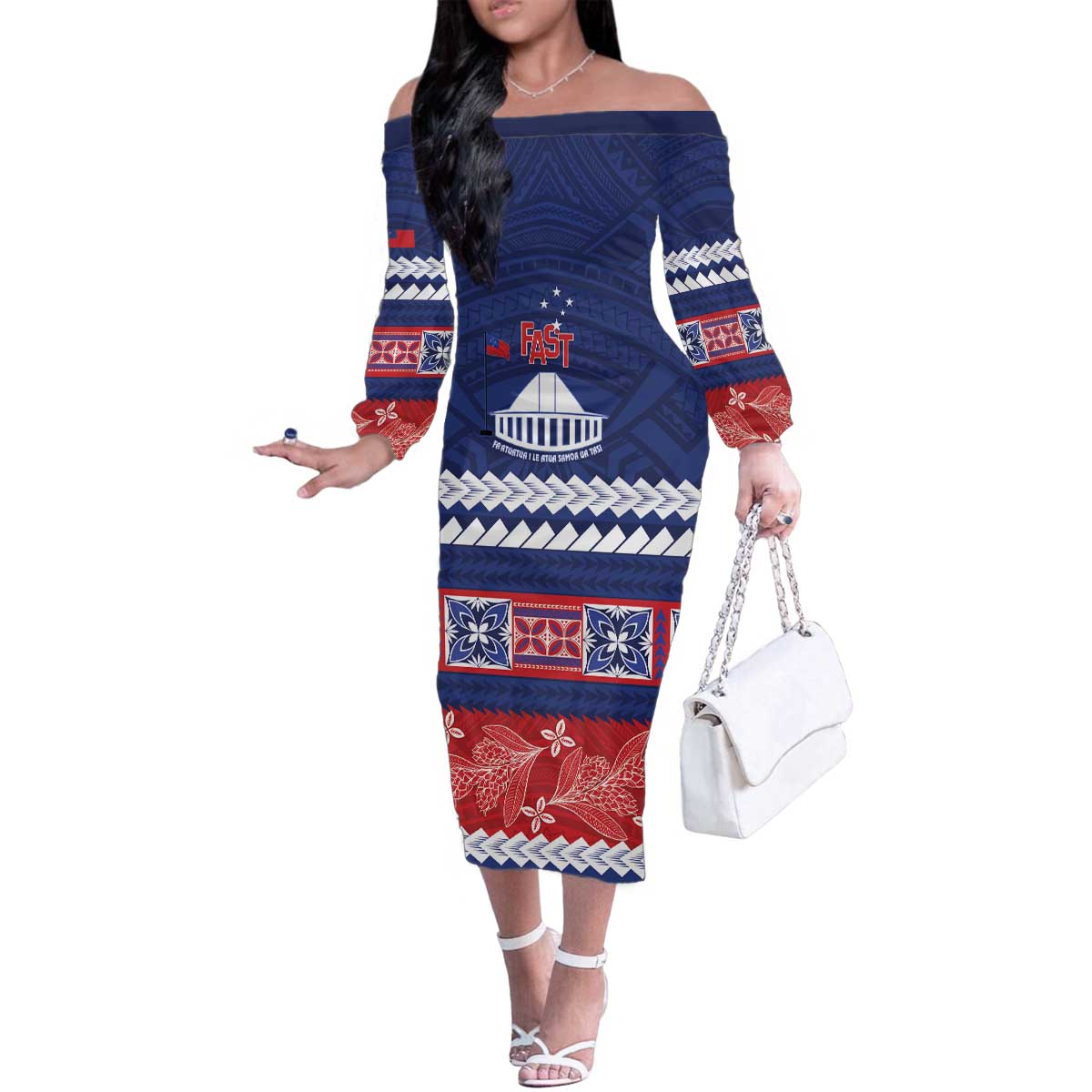 Personalised FAST Samoa Siapo Family Matching Off The Shoulder Long Sleeve Dress and Hawaiian Shirt Teuila Flowers Samoan Pattern - Polynesian Pride
