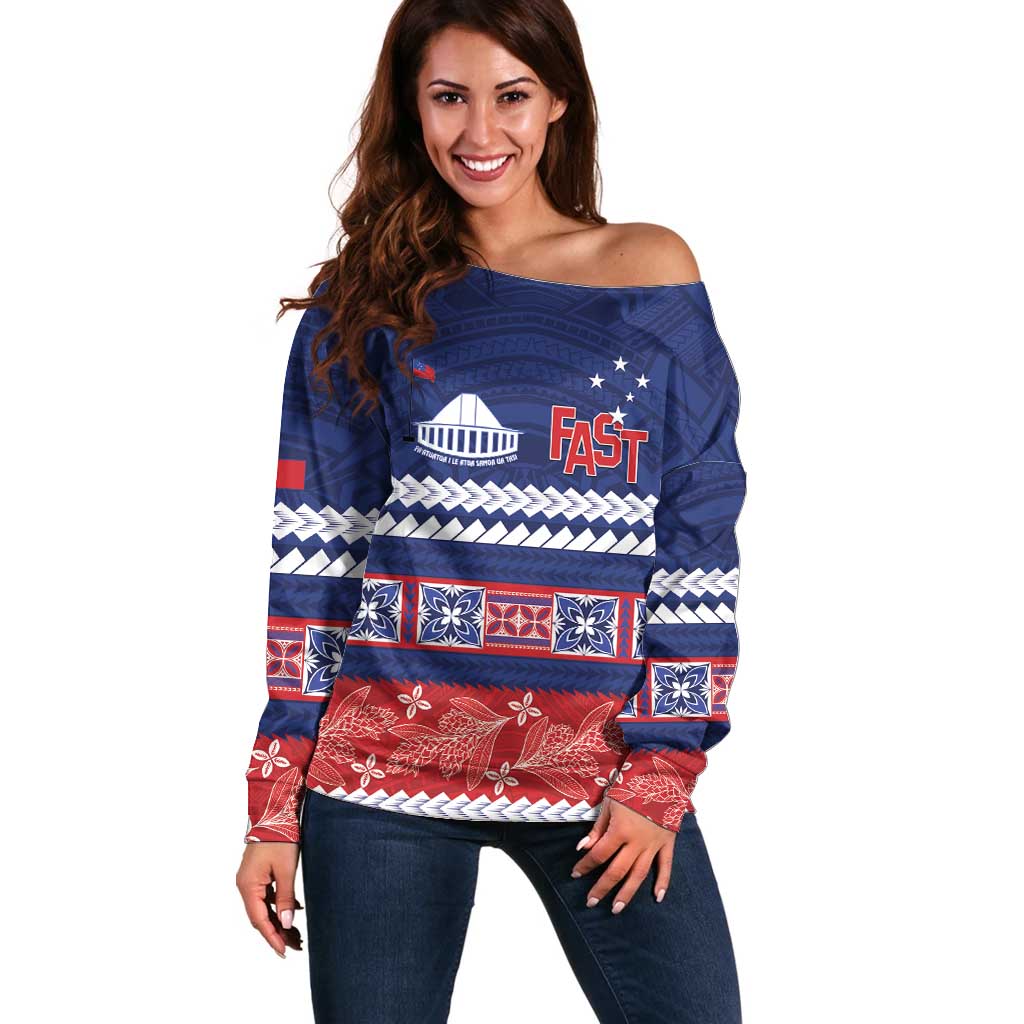 Personalised FAST Samoa Siapo Off Shoulder Sweater Teuila Flowers Samoan Pattern - Polynesian Pride
