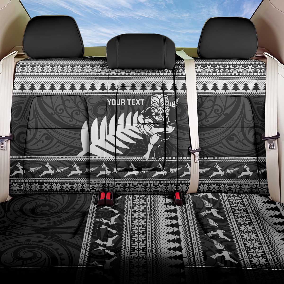 New Zealand Christmas Rugby Personalised Back Car Seat Cover Meri Kirihimete All Black Maori LT14 One Size Black - Polynesian Pride