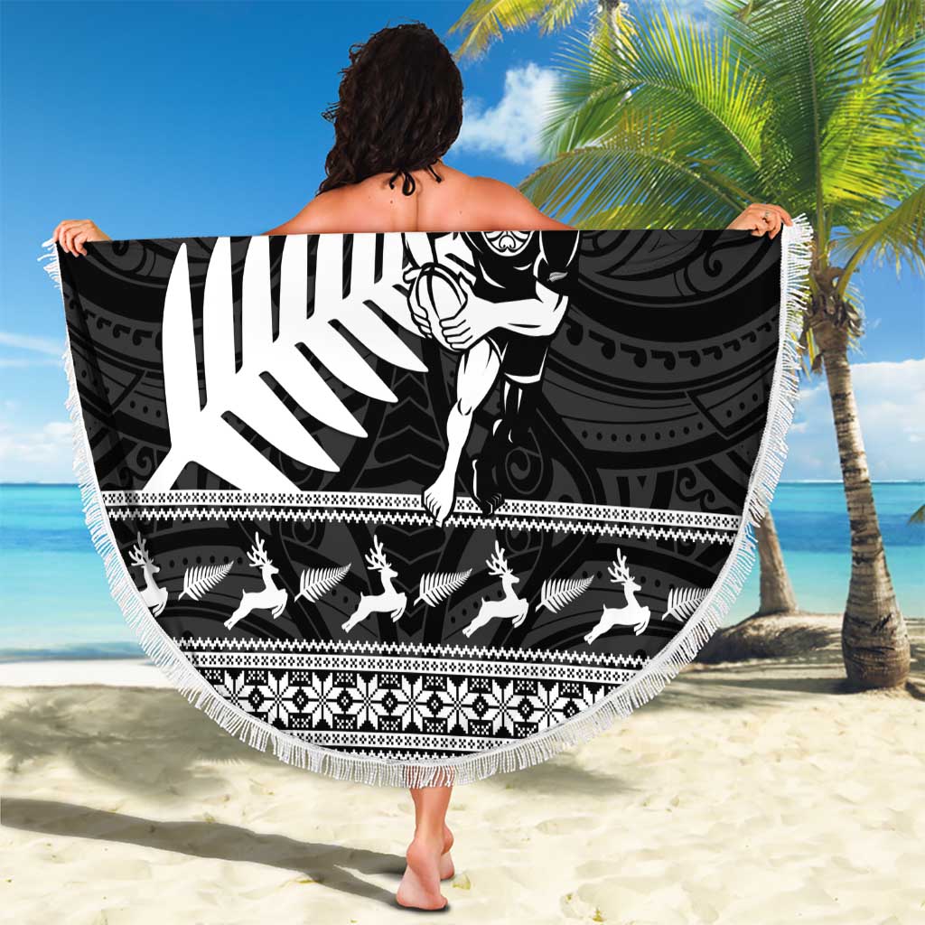 New Zealand Christmas Rugby Personalised Beach Blanket Meri Kirihimete All Black Maori - Polynesian Pride