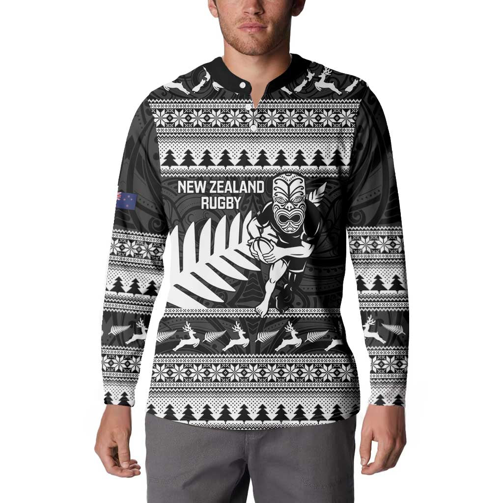 New Zealand Christmas Rugby Personalised Button Sweatshirt Meri Kirihimete All Black Maori - Polynesian Pride
