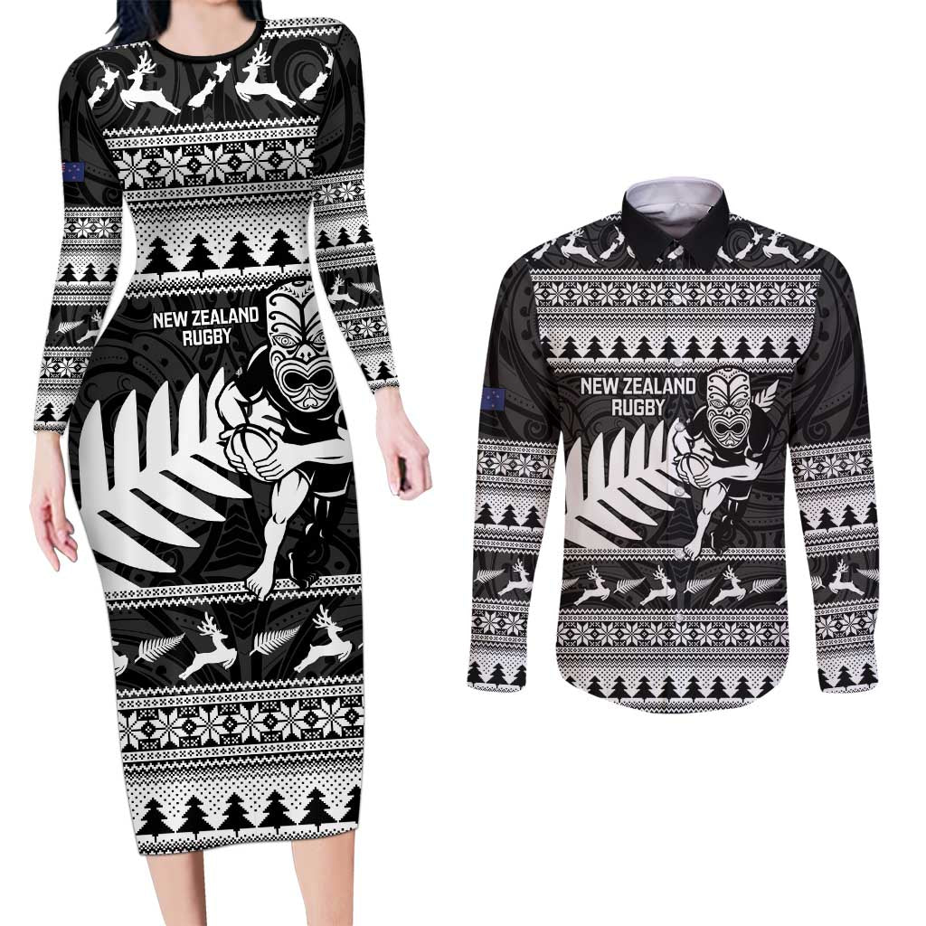 New Zealand Christmas Rugby Personalised Couples Matching Long Sleeve Bodycon Dress and Long Sleeve Button Shirt Meri Kirihimete All Black Maori - Polynesian Pride