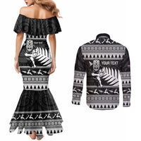New Zealand Christmas Rugby Personalised Couples Matching Mermaid Dress and Long Sleeve Button Shirt Meri Kirihimete All Black Maori - Polynesian Pride