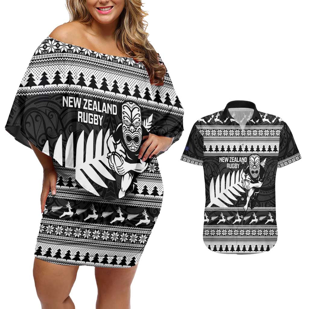 New Zealand Christmas Rugby Personalised Couples Matching Off Shoulder Short Dress and Hawaiian Shirt Meri Kirihimete All Black Maori LT14 Black - Polynesian Pride