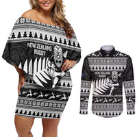 New Zealand Christmas Rugby Personalised Couples Matching Off Shoulder Short Dress and Long Sleeve Button Shirt Meri Kirihimete All Black Maori - Polynesian Pride