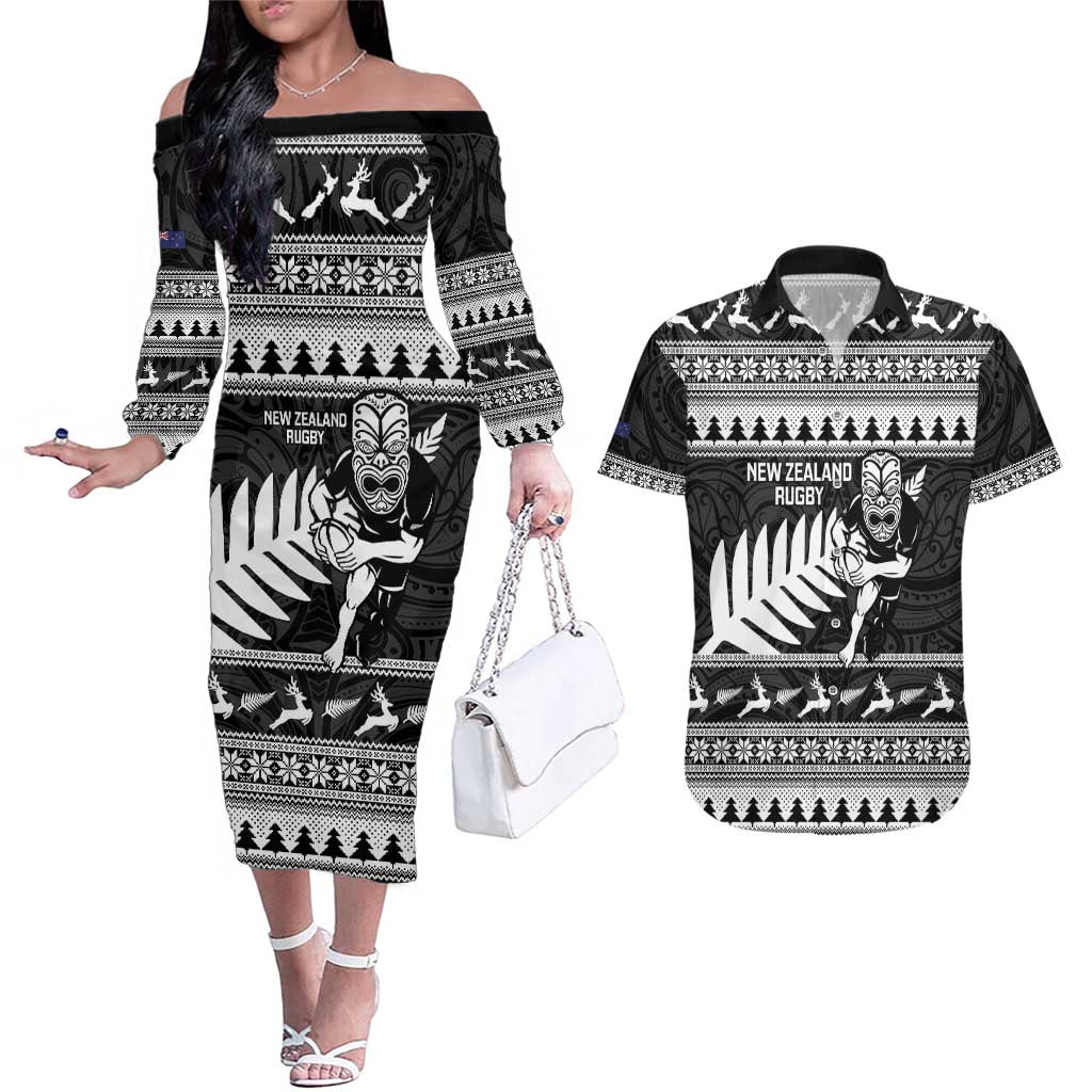 New Zealand Christmas Rugby Personalised Couples Matching Off The Shoulder Long Sleeve Dress and Hawaiian Shirt Meri Kirihimete All Black Maori LT14 Black - Polynesian Pride