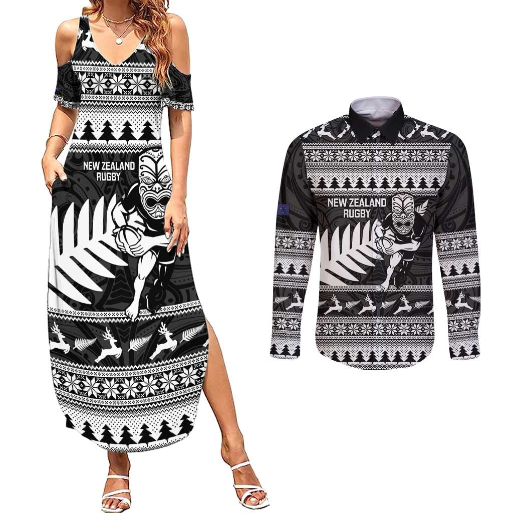 New Zealand Christmas Rugby Personalised Couples Matching Summer Maxi Dress and Long Sleeve Button Shirt Meri Kirihimete All Black Maori - Polynesian Pride