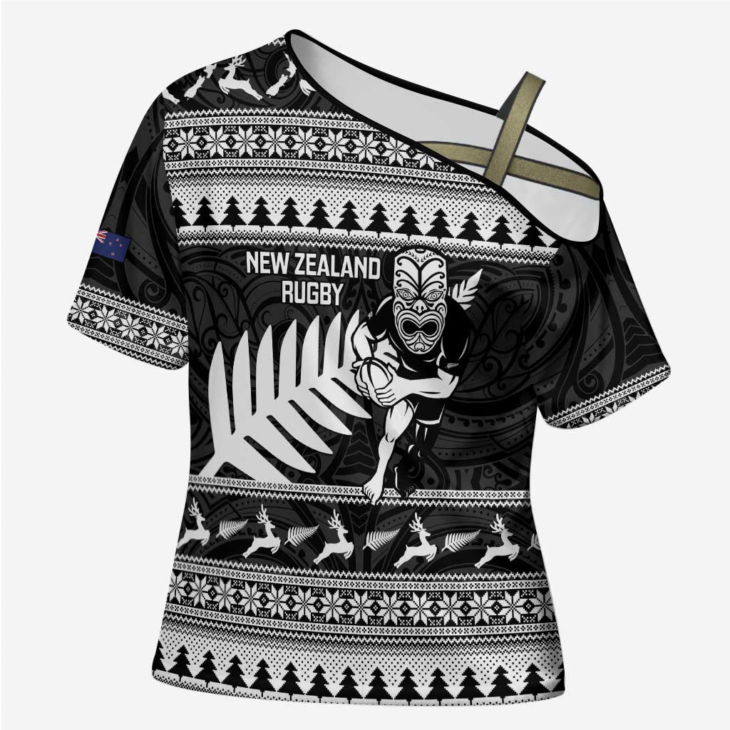New Zealand Christmas Rugby Personalised Cross Shoulder Shirt Meri Kirihimete All Black Maori LT14 Female Black - Polynesian Pride