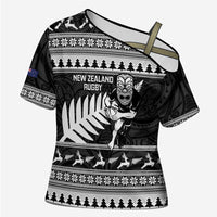 New Zealand Christmas Rugby Personalised Cross Shoulder Shirt Meri Kirihimete All Black Maori LT14 Female Black - Polynesian Pride
