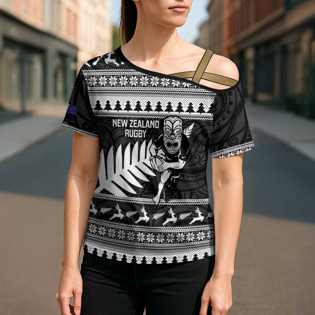 New Zealand Christmas Rugby Personalised Cross Shoulder Shirt Meri Kirihimete All Black Maori LT14 - Polynesian Pride