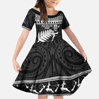 New Zealand Christmas Rugby Personalised Family Matching Long Sleeve Bodycon Dress and Hawaiian Shirt Meri Kirihimete All Black Maori LT14 Daughter's Dress Black - Polynesian Pride